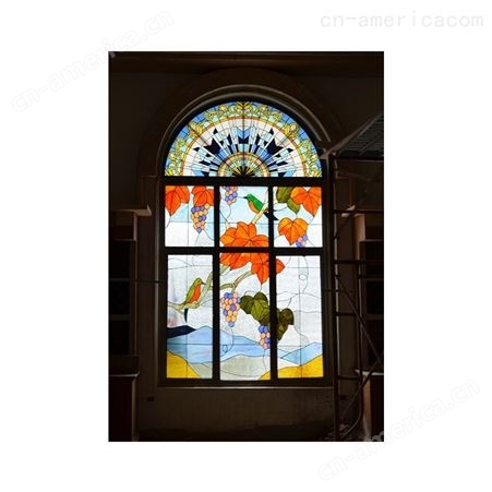 玉娇彩绘教堂玻璃艺术窗玻古典彩绘玻璃吊顶玻璃复古门窗穹顶玻璃工程