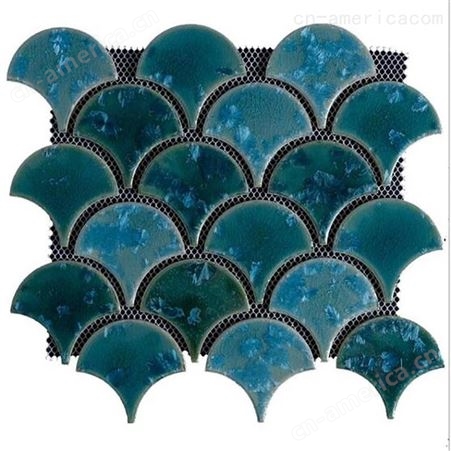 北欧马赛克扇形蓝色鱼鳞砖 浴室卫生间厨房背景墙 冰裂陶瓷鱼池瓷砖